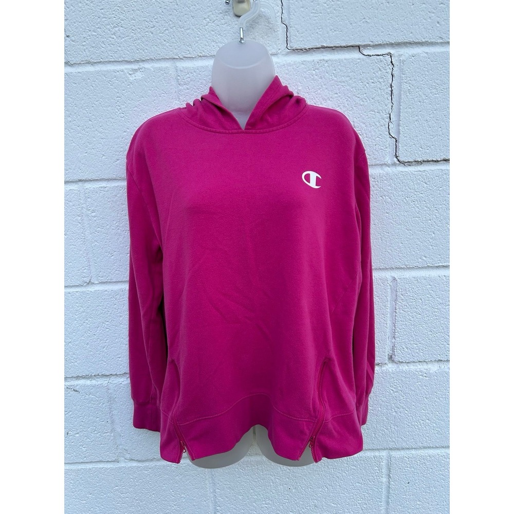 Champion Hoodie Sweatshirt Hot Pink Sportswear Lightweight Logo Zipper Side Med
